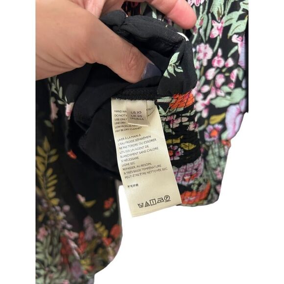 Free People Final Rose Floral Lined V Neck Balloon Sleeve Ruched Blouse Black XS - Picture 10 of 12